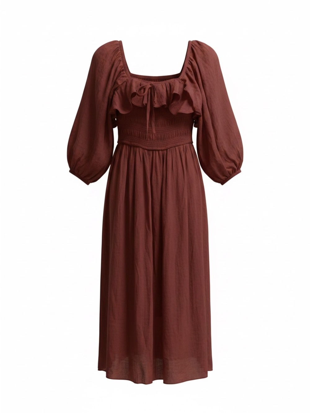 Smocked Waist Midi Dress with Ruffle Square Neck in Deep Rust Brown.